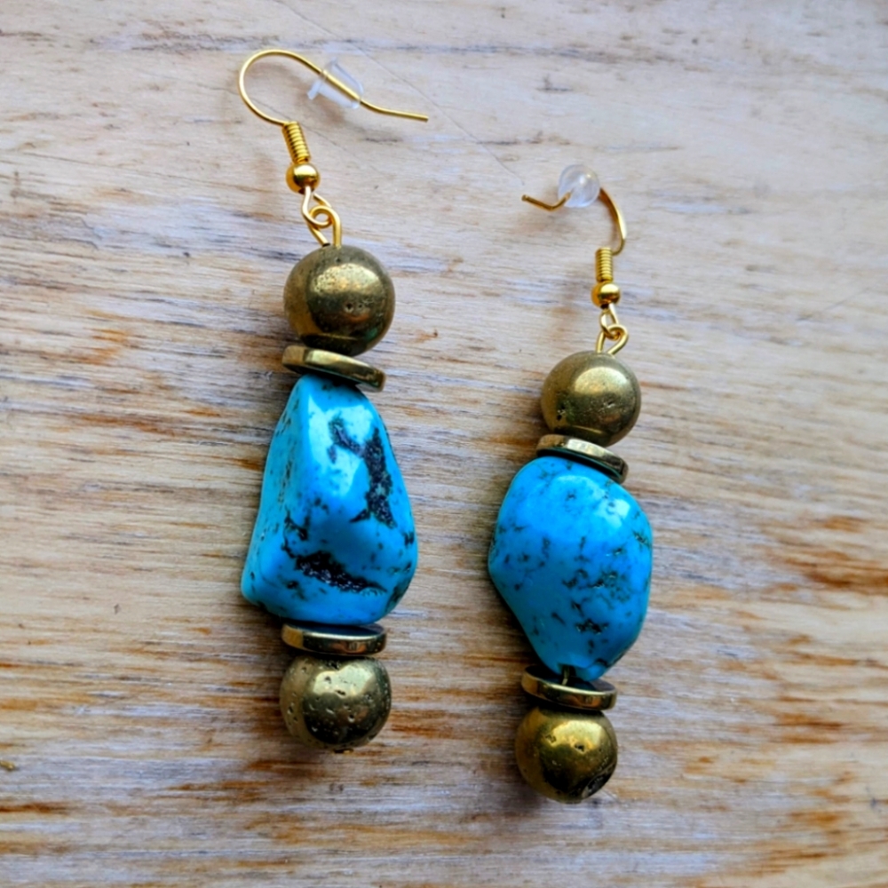 Turquoise Earrings with Gold Heishi and Round Metal Beads